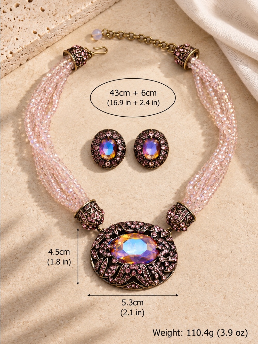 Vintage Inspired Pink Crystal Necklace & Earrings Set - Picture 4 of 5